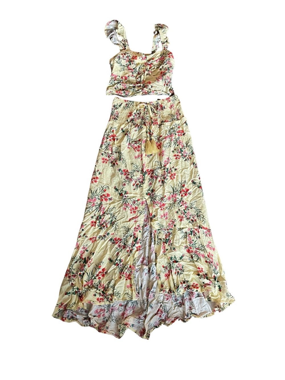 Floral Yellow/Cream Two-Piece Skirt Set with Ruffle Straps